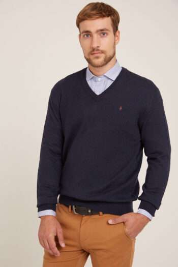 Sweater escote V liso con codera de gamuza de lana liviana