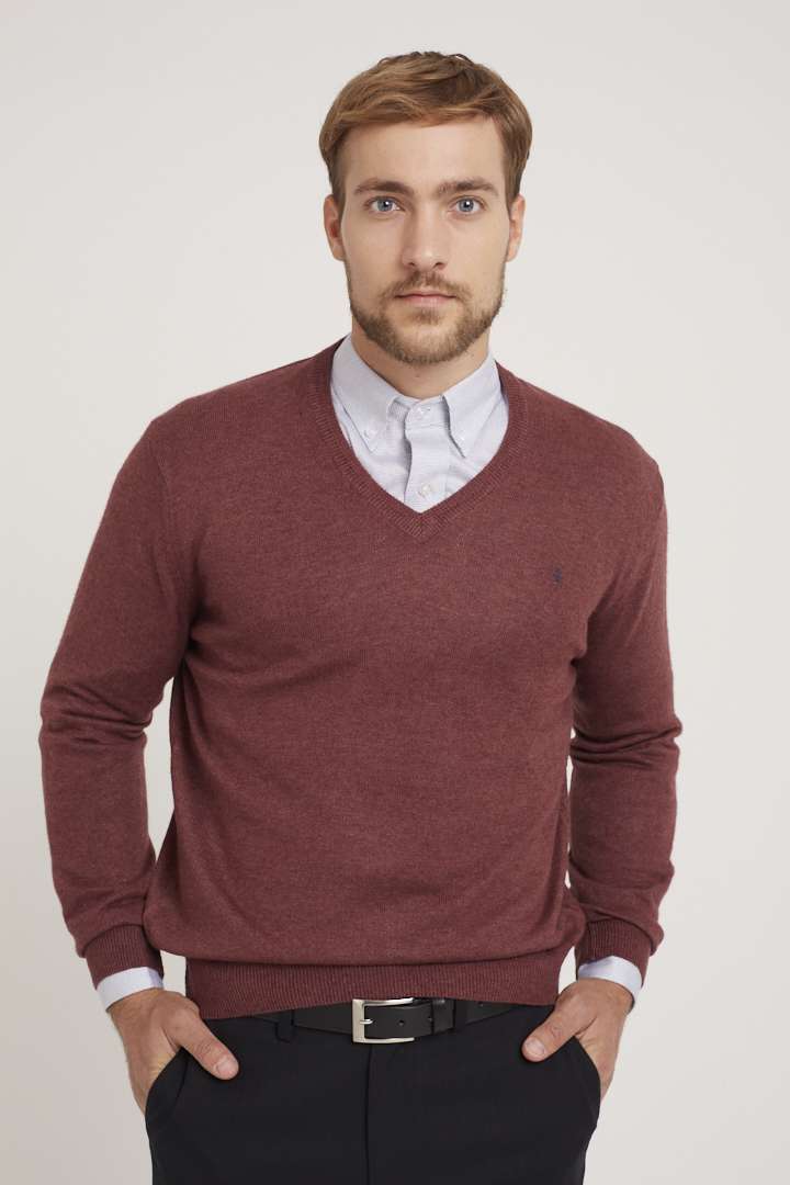 Sweater escote V liso con codera de gamuza de lana liviana